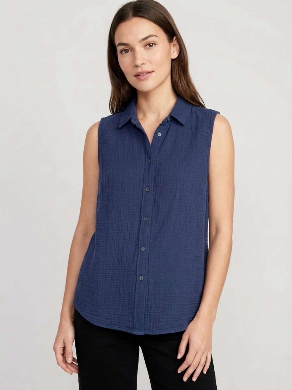 J. Crew Blue Cotton Gauze Sleeveless Button Down Blouse Top Large Boho Coastal